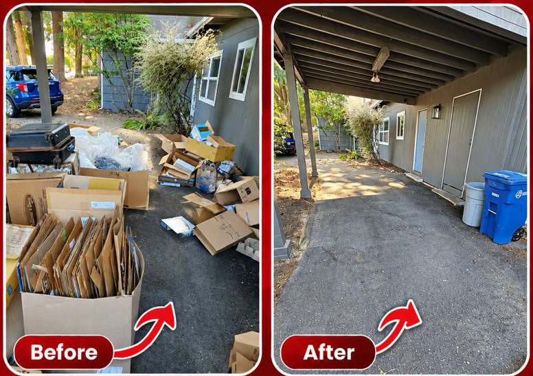 Carport covered in boxes and cardboard before cleanout and cleared after