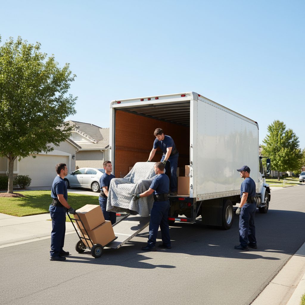 Removal crew loading furniture and boxes into a box truck outside a home