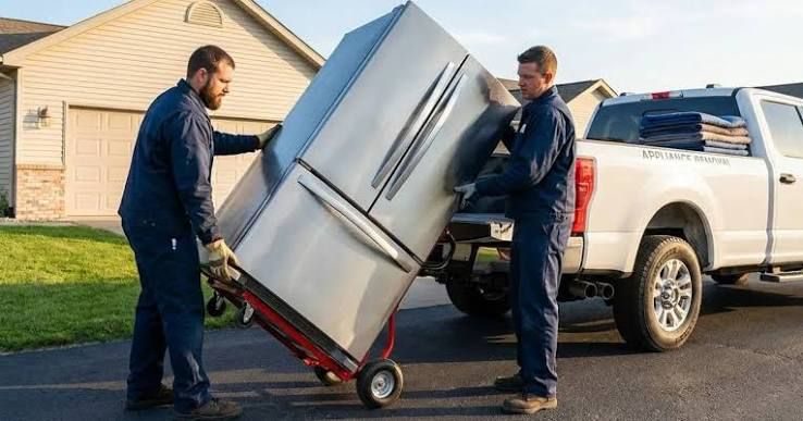 Two crew members moving a refrigerator on a dolly toward a pickup truck
