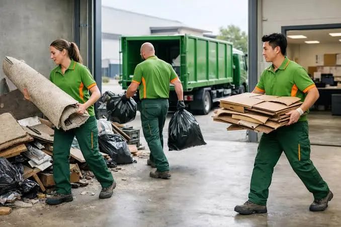 Crew carrying rolled carpet, cardboard and trash bags out of a commercial space