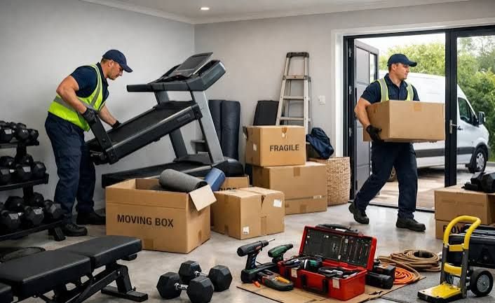 Crew removing a treadmill, weights and boxes from a home gym