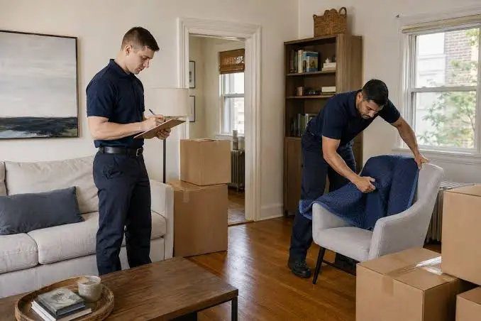 Two crew members reviewing a removal list and protecting an armchair in a living room