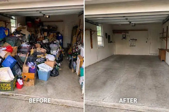 Garage packed with boxes and bags before cleanout and empty after