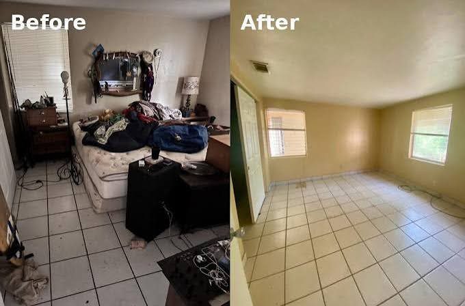 Rental bedroom with left-behind belongings before removal and empty after