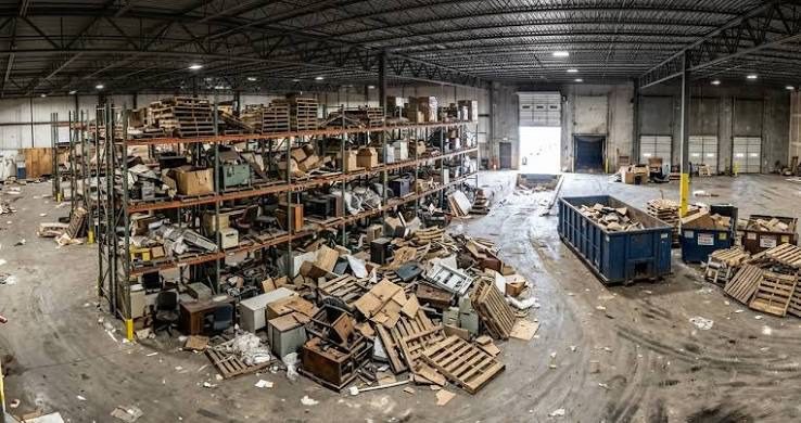Warehouse floor covered in pallets, racking and discarded materials